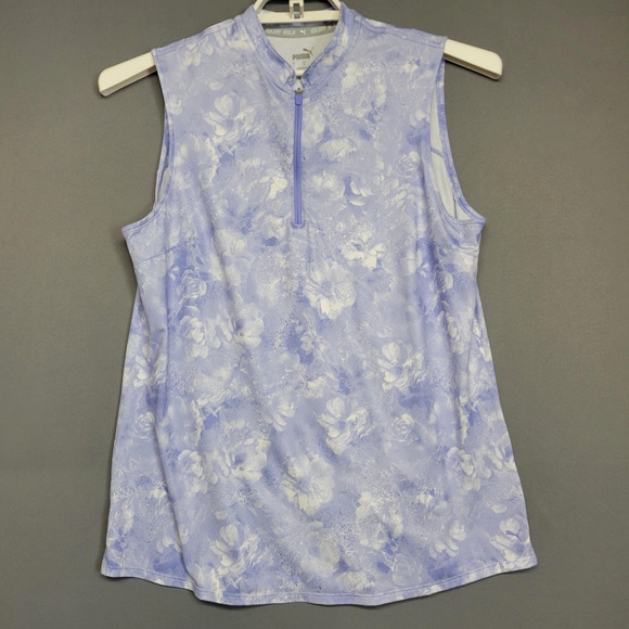 Puma Golf Shirt Womens Large Purple Floral Quarter Zip Mock Neck Sleeveless - Picture 1 of 12